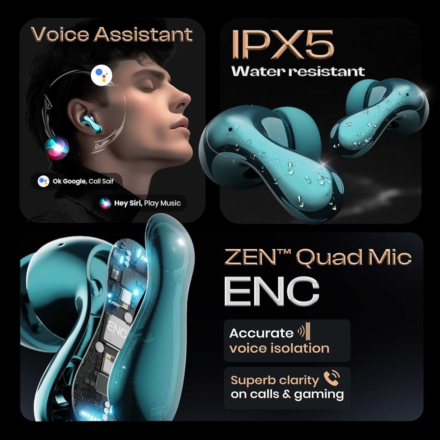 Boult Newly Launched Klarity 1 in Ear TWS Earbuds with 80Hrs Playtime, Liquid Metal Body, Dual Device Pairing, 4 Mics ENC, 45ms Low Latency, 13mm Bass Drivers Ear Buds Bluetooth 5.4 (Teal) - Image 3