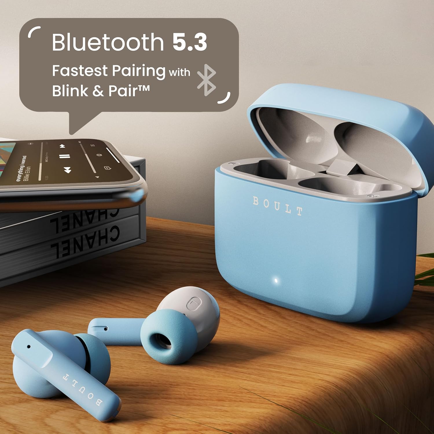 Roll over image to zoom in Boult Z60 Truly Wireless in Ear Earbuds with 60H Playtime, Zen™ ENC Mic, 50ms Low Latency, 13mm Bass Drivers, Type-C Fast Charging, Made in India, BT V5.3, Touch Control, IPX5 Ear Buds (Powder Blue) - Image 2